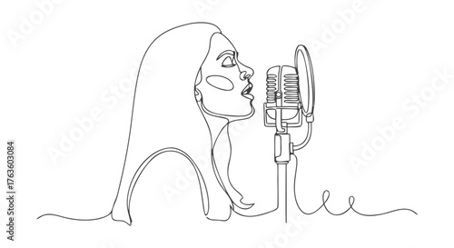 A captivating one continuous line illustration of a female vocalist performing with a vintage microphone, embodying musical passion and creative energy, ideal for graphic design and media projects