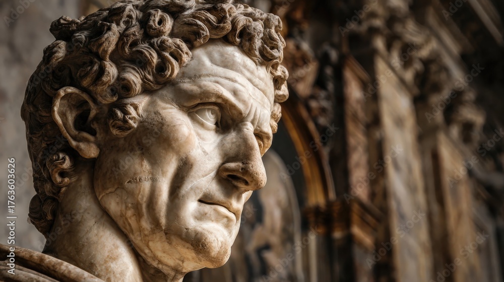 Fototapeta premium A detailed marble bust depicting a historical figure, showcasing intricate features and expressive gaze, set against a classic architectural backdrop.