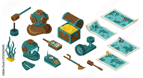 Underwater exploration tools and treasures in isometric design