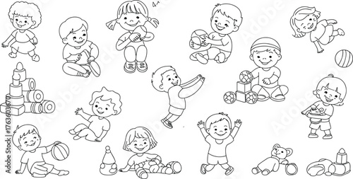 Black and white line art illustration of happy children playing with toys, building blocks, and balls in fun activity poses