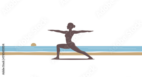 Warrior Pose Yoga Practice at Sunrise Near the Beach Silhouette