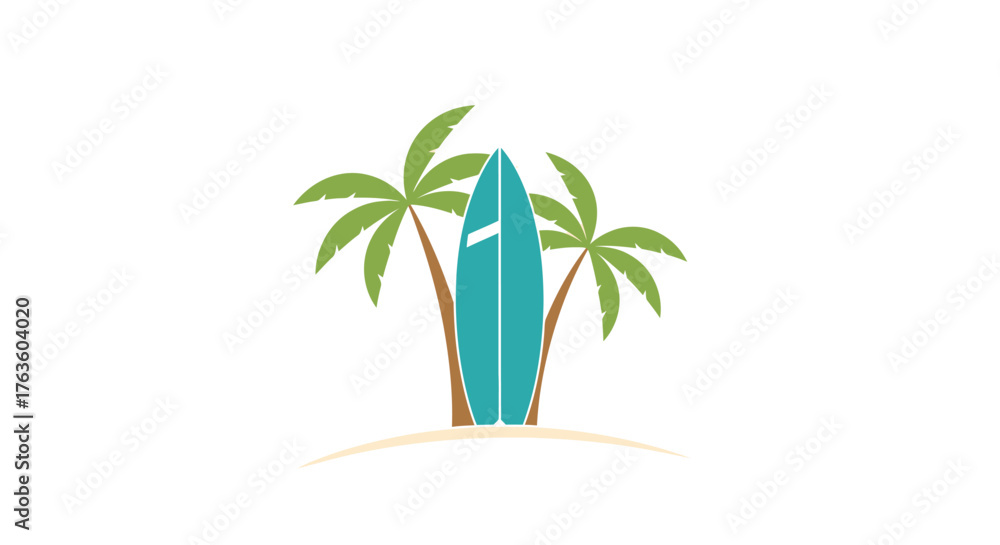 Obraz premium Tropical Beach Scene with Surfboard and Palm Trees Vector Illustration