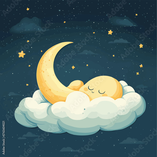 a cartoon moon sleeping on a cloud in the night sky. generative ai   , vector style simple color