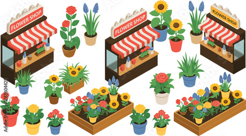 Colorful isometric flower shop with blooming plants, potted flowers and outdoor floral displays, showcasing garden variety arrangements and natural decoration concept