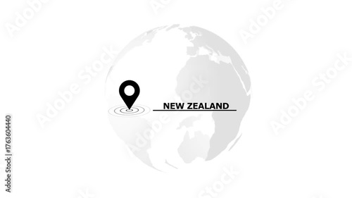 New Zealand location pin on a grey globe with white background image photo