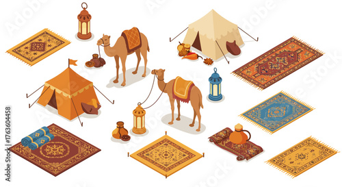 Isometric desert caravan scene with camels, tents, and rugs in warm tones