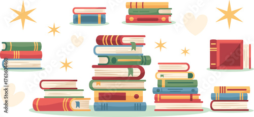 Colorful stack of books in flat cartoon illustration style, educational reading concept, vintage literature collection with stars and heart background