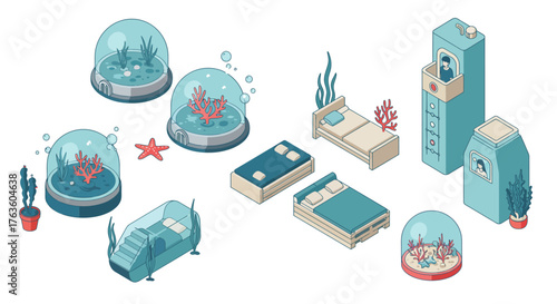 Isometric underwater theme bedroom with glass enclosures and aquatic decorations