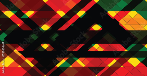 Abstract geometric pattern with overlapping triangles and quadrilaterals in red, green, yellow, and black.