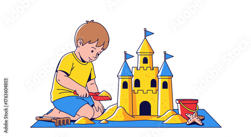 Young boy happily building a sandcastle on a sunny beach cartoon