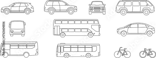 Detailed technical line art illustration showing various transportation vehicles including cars, buses, double decker bus, and cyclists in side view