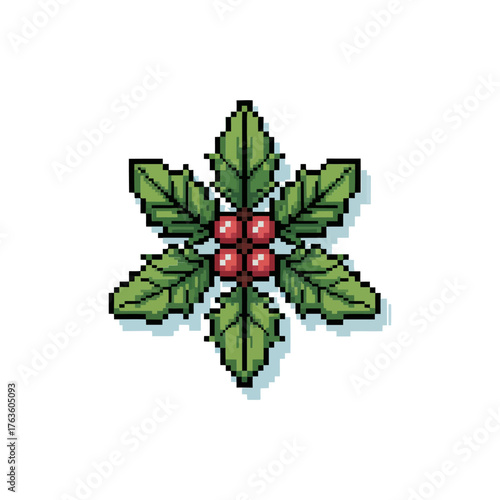 Holly sprig pixel design, glossy leaves cluster, bright berries center, minimalist white layout, traditional holiday botanical emblem