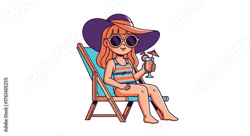 Cartoon girl relaxing on beach chair with cocktail Summer Illustration