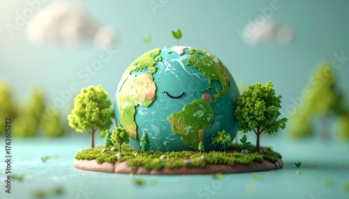 Earth Day Illustration - A Smiling Globe Surrounded by Lush Greenery.