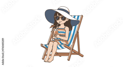 Cartoon girl relaxing on beach chair with cocktail vector illustration