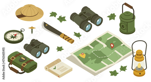 Isometric jungle adventure gear with map, compass, binoculars, and lantern
