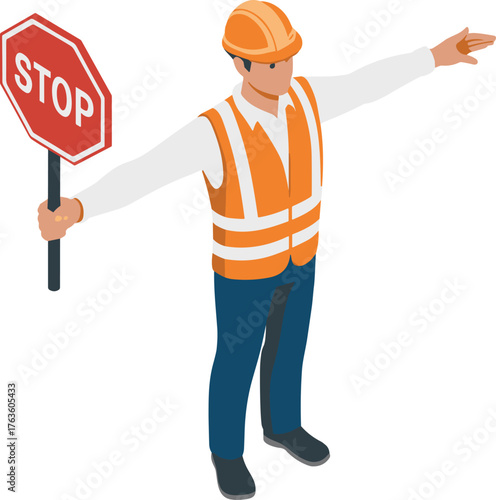 Isometric illustration of construction worker holding stop sign and directing traffic wearing safety vest and hard hat on white background