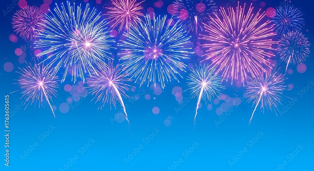 Fototapeta premium Vibrant fireworks bursting in shades of purple, pink, and blue against a clear night sky. The image captures the beauty and excitement of celebrations such as New Year’s Eve, Diwali, Independence Day,