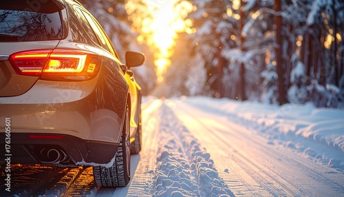 Car Driving on Snowy Road Through Forest at Sunset with Illuminated Tail Lights and Snow Covered Pine Trees in Winter