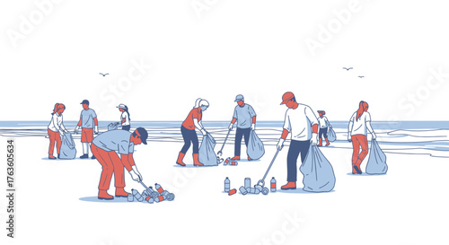 Beach cleanup event illustration volunteers collect garbage bottles and plastic