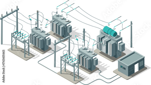Isometric illustration of electrical power substation with transformers, high voltage lines, utility poles and distribution network system for energy infrastructure