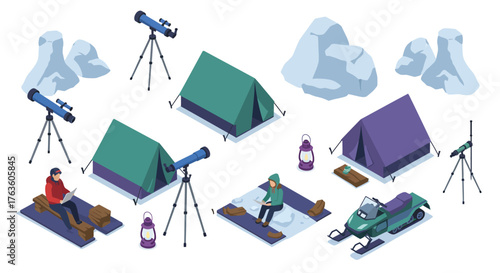 Isometric winter camping with tents and snowmobiles in mountain landscape
