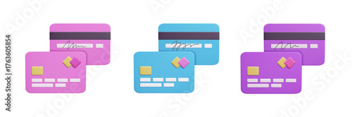 Set of different credit card designs 3D style renders. Pink, blue and purple plastic bank cards with contactless payment chip, magnetic strip, owner's abstract signatures isolated on white. 3D vector.
