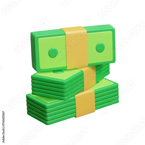 Stack of cash 3D style vector icon. Green money currency banknotes with paper money strap stacked on each other. Profit, money savings, investment, bank deposit, casino jackpot win.