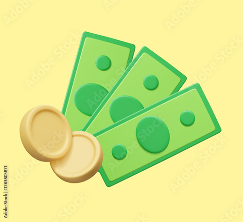 Fan of cash and metal coins 3D vector illustration. Green dollar cash currency banknotes and gold money coins composition. Savings, investment, banking money emissions, crypto coins concept 3D render