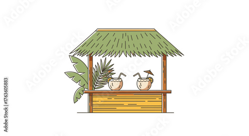 Tropical tiki bar serving exotic coconut cocktails cartoon illustration