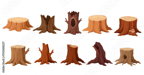 Tree stump collection set. Cut wood pieces with bark texture and growth rings. Various colors from light beige to dark brown. Hollow cavities and root details. Vector illustration on white