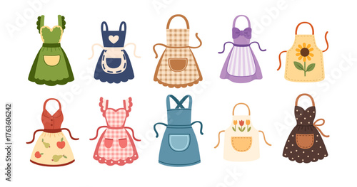 Kitchen apron collection set. Decorative cooking wear with various patterns and designs. Checkered gingham, floral prints, polka dots. Colorful pockets and bow ties. Vector illustration on white