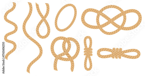 Nautical rope knot collection set. Twisted beige cord with various knot types and loops. Marine sailing elements including figure eight and bowline knots. Vector illustration isolated on white