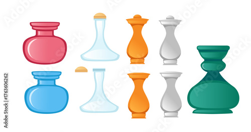 Decorative vase and bottle collection set. Glass containers in pink, blue, orange, and green. Various shapes with stoppers and lids. Elegant perfume bottle designs. Vector illustration on white