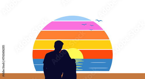 Loving couple silhouette at sunset beach colorful graphic illustration