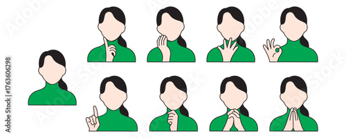 Sign Language Gestures Illustration – Human Hand Communication Vector in Green Outfit
