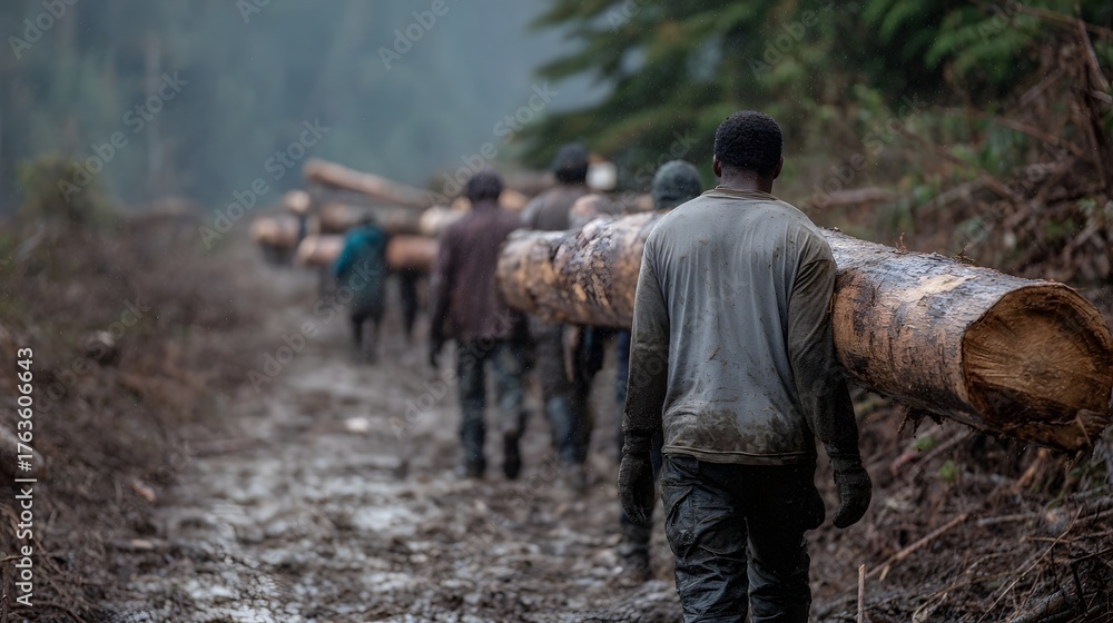 Fototapeta premium Team of workers carrying logs on a muddy forest path
