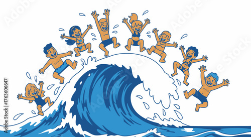 Cartoon illustration of happy children playing on a wave at the beach