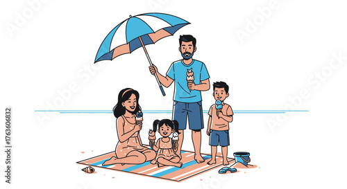 Family enjoying ice cream on sandy beach under blue umbrella drawing