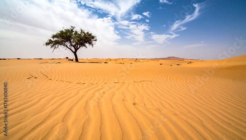 Fototapeta Naklejka Na Ścianę i Meble -  Arid landscape with sand dunes, sky, and a lonely tree casting a shadow over rippled sand under a cloud-filled sky