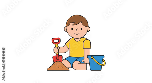 Cartoon boy plays with sand bucket and shovel cute illustration