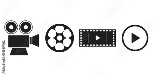 Set of movie and video icons in black silhouette style. Includes film camera, reel, filmstrip, and play button symbols for media, cinema, or video production design.