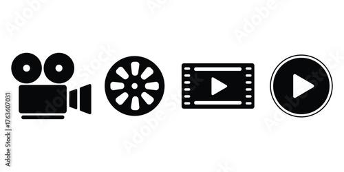 Set of movie and video icons in black silhouette style. Includes film camera, reel, filmstrip, and play button symbols for media, cinema, or video production design.