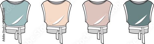 Set of women's sleeveless draped top fashion flat sketches. Vector technical drawing of a casual blouse with tie waist in multiple colorways