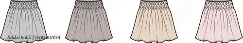 Fashion design technical flat illustration set of a women's smocked high-waist pleated A-line skirt in multiple colorways