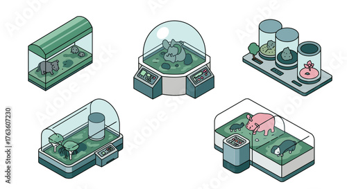 Futuristic isometric animal habitats in science fiction laboratories