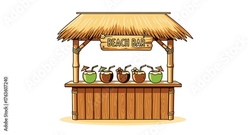 Tropical Cartoon Beach Bar Illustration with Coconut Cocktails for Summer