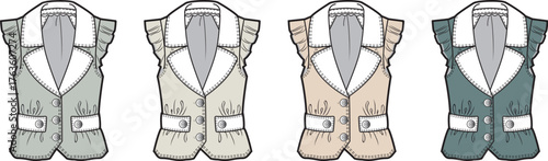 Collection of four sleeveless tops with ruffled collars and button accents