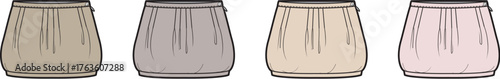 Feminine fashion templates featuring a collection of pleated A-line midi skirts in various muted colors, presented as flat technical sketches
