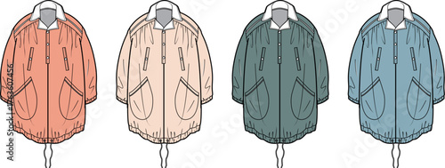 Collection of four stylish jackets displayed in a studio setting, showcasing diverse colors and designs
